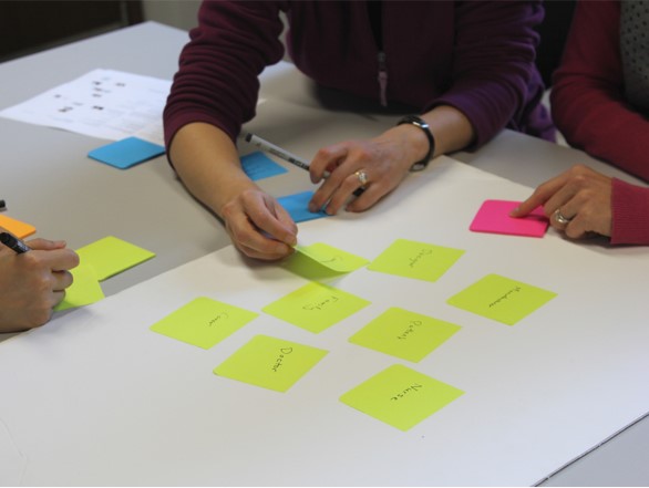 Photo of people constructing a stakeholder map with names of stakeholder types on sticky notes