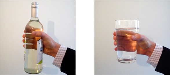 photos of a hand holding a bottle of wine with straight sides and a pint glass with shaped sides