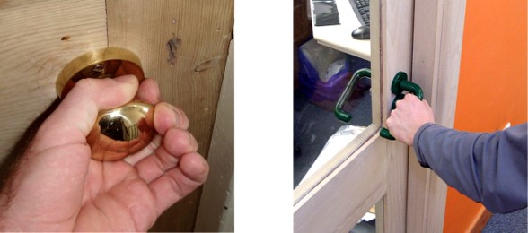 photos of hands turning a circular doorknob and a lever door handle