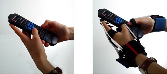 photo of a remote control, held with and without the Cambridge Simulation Gloves