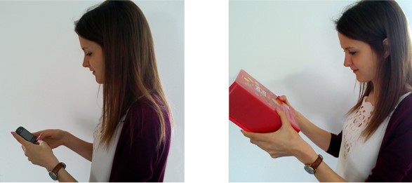 photo of a person holding a phone while she types on it, and photo of a person holding a box of biscuits in front of her in order to read the information on it