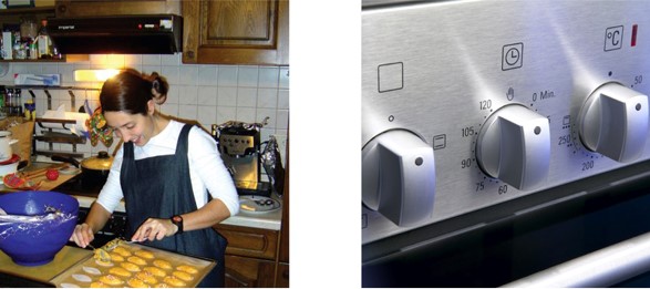 photo of someone cooking, and photo of a smooth circular cooker knob