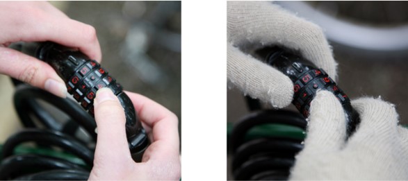 photo of someone using a combination bicycle lock, with and without gloves
