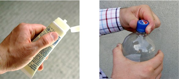 photo of a tube of moisturiser being gripped by the whole hand, and photo of the body of a drinks bottle being gripped by one hand and the bottle cap by the fingers of the other hand