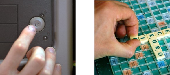 photo of a hand pressing a power button on a computer and a hand picking up a Scrabble piece