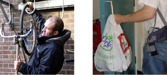 photo of a man lifting a bike onto a hook while wearing a coat, and photo of someone trying to open a door while holding a carrier bag of shopping