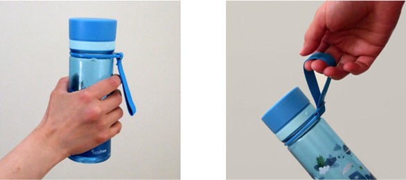 photo of a drinks bottle being held with whole hand wrapped around the bottle. Another photo shows the same bottle held with the fingers tucked into a loop that has been provided