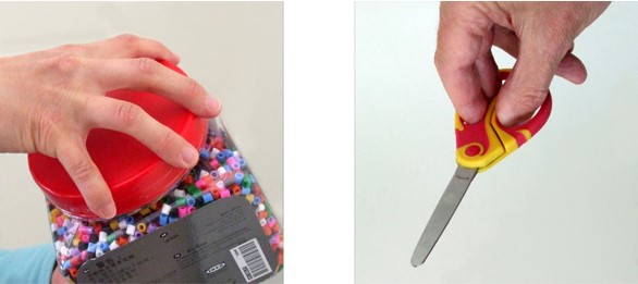 a hand attempting to grip a large lid, and a hand attempting to fit into small scissors
