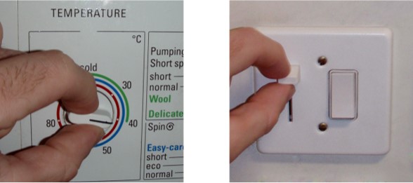 photos of fingers manipulating a temperature dial and a slider on a light switch