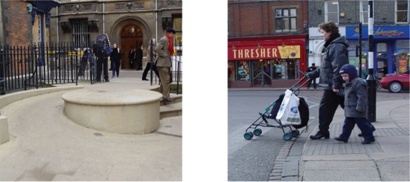 photo of a circular ramp that provides an alternative route for some steps, and photo of a pushchair going down a curb cut.