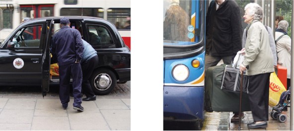 photo of a taxi with a large door opening, and photo of a bus lowering itself to curb level.