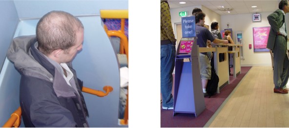 photo of a staircase with handrails on a bus, and photo of a queue in a bank with a barrier that people can hold on to for balance.