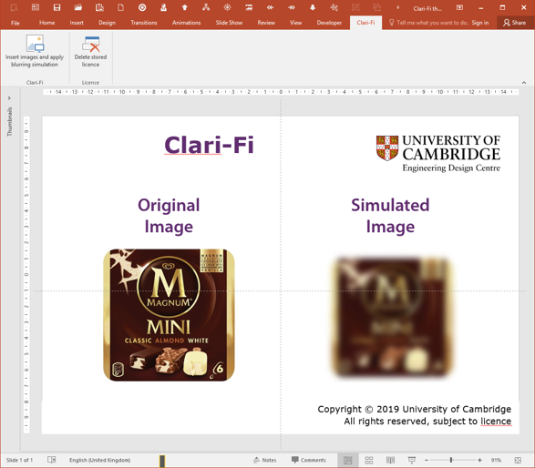 Screenshot from the Clari-Fi tool, showing an original e-commerce image and a blurred version which simulates what it would look like on a mobile device.