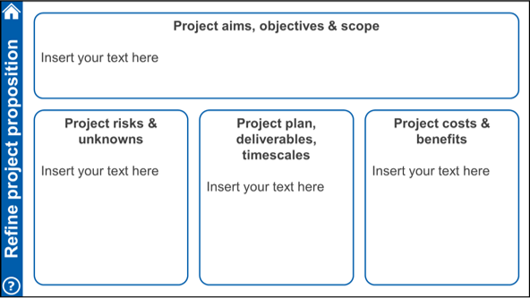 screenshot of the inclusive design log for refine project proposition, which includes subheadings of project aims objectives & scope; project risks & unknown; project plan, deliverables, timescales; project costs & benefits.