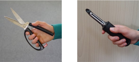 Photos of a pair of scissors and a potato peeler which have large, soft grip handles.