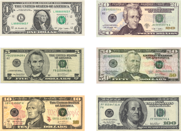 Image showing that US dollar bills are all the same size and shape, with poor contrast numerals