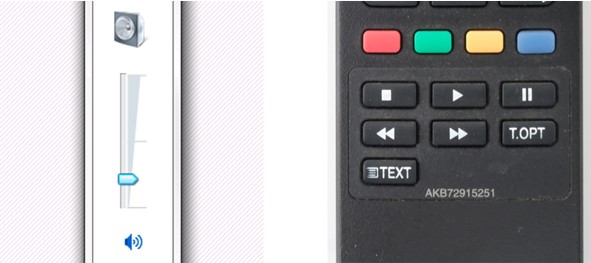 picture of a volume slider in Microsoft Windows, and picture of a remote control with icons for play, pause, stop, fast forward and rewind