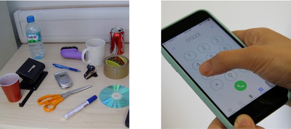 picture of a variety of objects on a desk, and another picture of someone dialling a number on a telephone