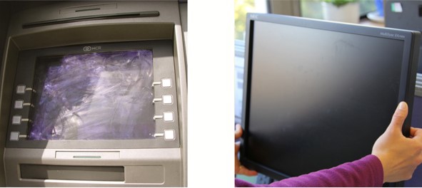 the screen of a cash machine is shown with excessive sunlight glare compared to a computer monitor that can be tilted to reduce glare