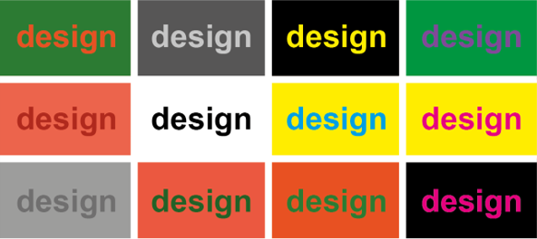 the word design is shown in a variety of foreground and background colours