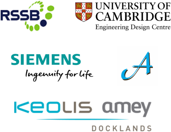 logos for RSSB, University of Cambridge, Siemens,Keolis Amey Docklands and Astutim