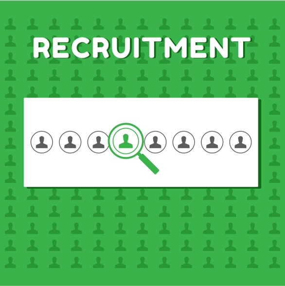Graphic with the word recruitment and a row of icons of people with a magnifying glass round one of them.