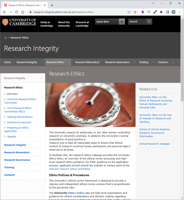 screenshot of the University of Cambridge page on research ethics