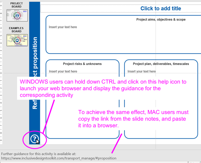 screenshot of an activity slide, in which the help icon in the bottom left-hand corner has been highlighted, together with the link text in the slide notes pain.