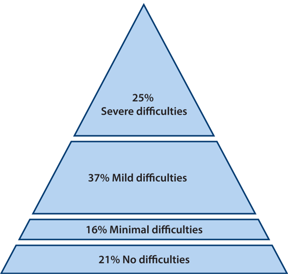 This pyramid indicates that 25% have severe difficulties, 37% have mild difficulties, 16% have minimal difficulties and 21% have no difficulties.