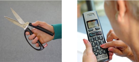 Photos of a pair of kitchen scissors with large, soft grip handles, and the BT Freestyle phone which has a simple layout, large keys and contemporary style.